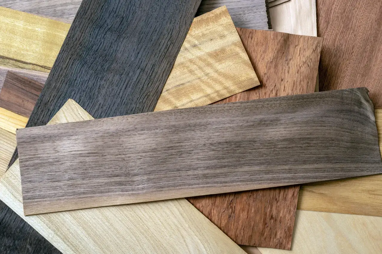 Campione di impiallacciature in legno con diverse venature e colori. Valutare i melaminico pro e contro per scegliere il materiale giusto.