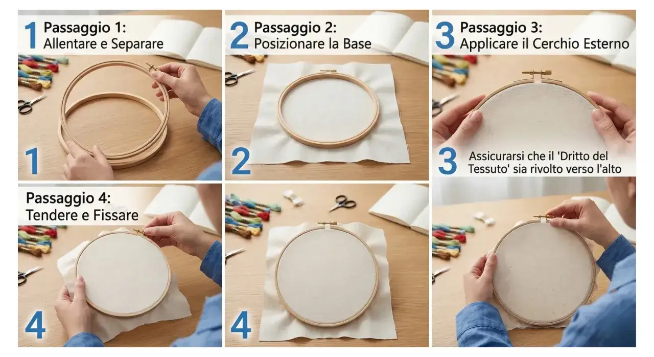 Istruzioni per il ricamo a mano: allentare il cerchio, posizionare il tessuto, applicare il cerchio esterno e tendere.