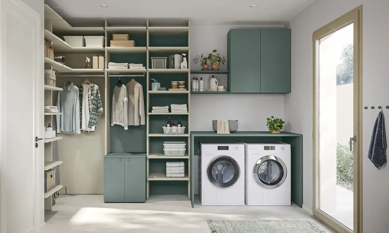 Un'elegante lavanderia moderna con armadi verdi, lavatrici bianche e un sistema di scaffalature aperto. Ottime idee lavanderia per organizzare tutto.