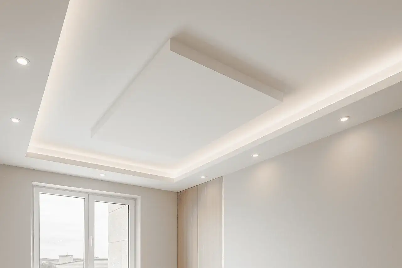 Soffitto moderno con faretti in gesso incassati e illuminazione indiretta. Valutare i faretti in gesso pro e contro per un design pulito.
