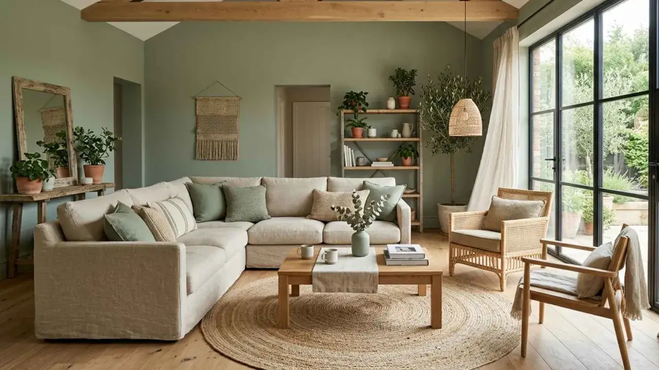 Soggiorno accogliente con divano angolare beige, tavolino in legno, poltrone in rattan e piante. Un'ispirazione per arredare casa con stile naturale.