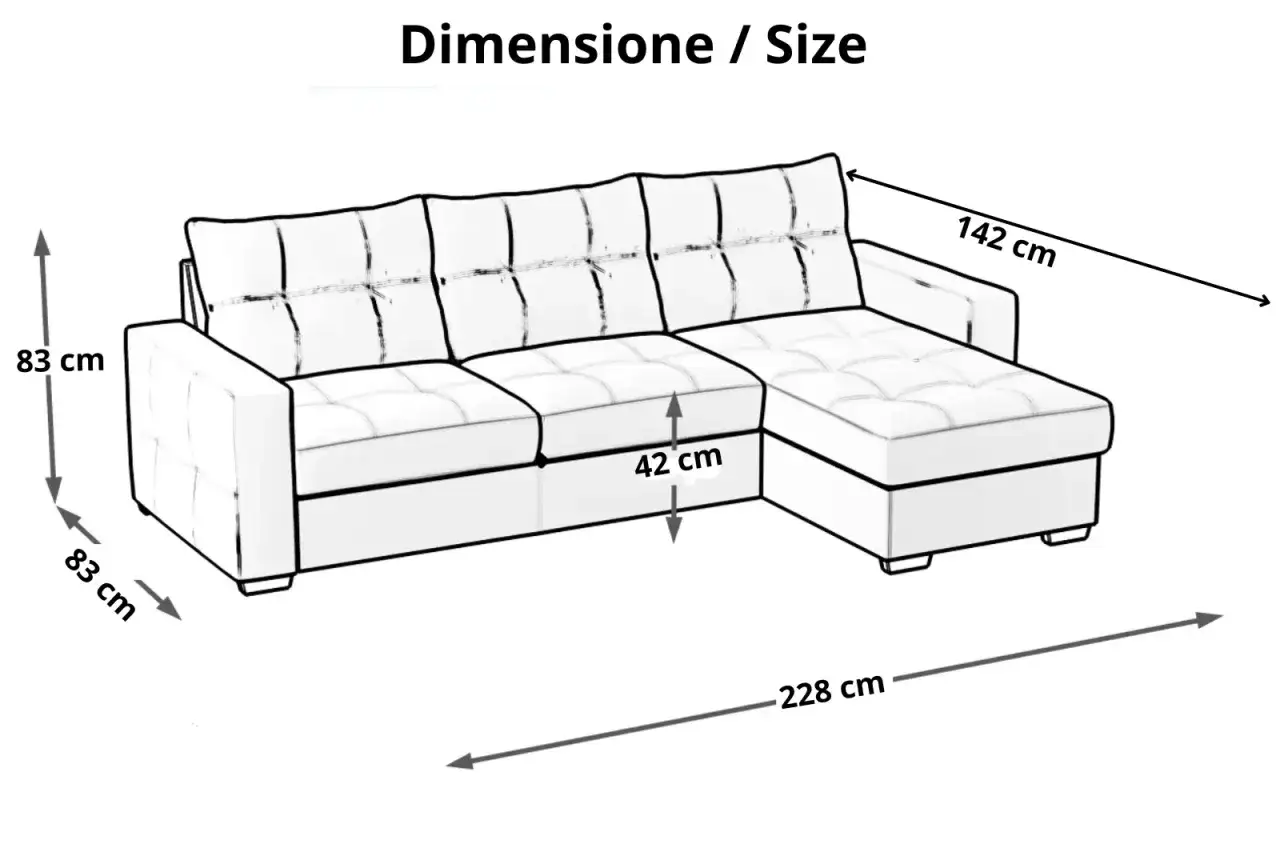 Schema con le dimensioni divano: altezza 83 cm, profondità 83 cm, seduta 42 cm, lunghezza totale 228 cm, profondità chaise longue 142 cm.