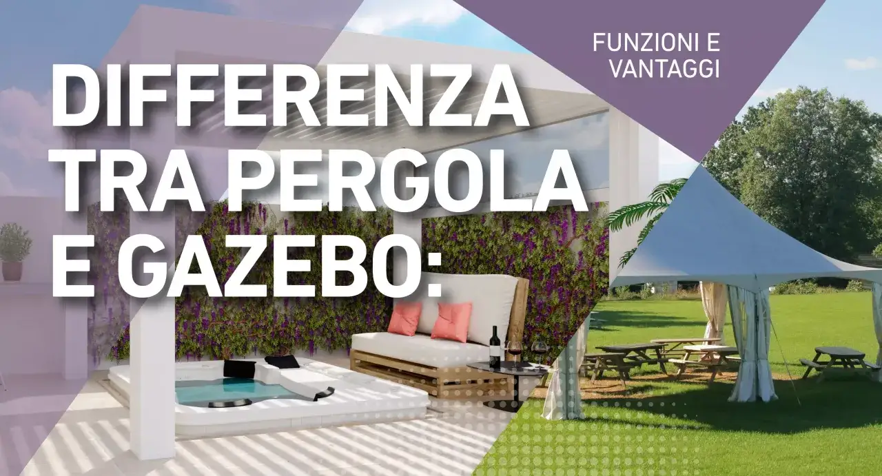 Differenza tra pergola e gazebo: un'area relax con vasca idromassaggio e divanetti, e un gazebo con tavoli da picnic all'aperto.