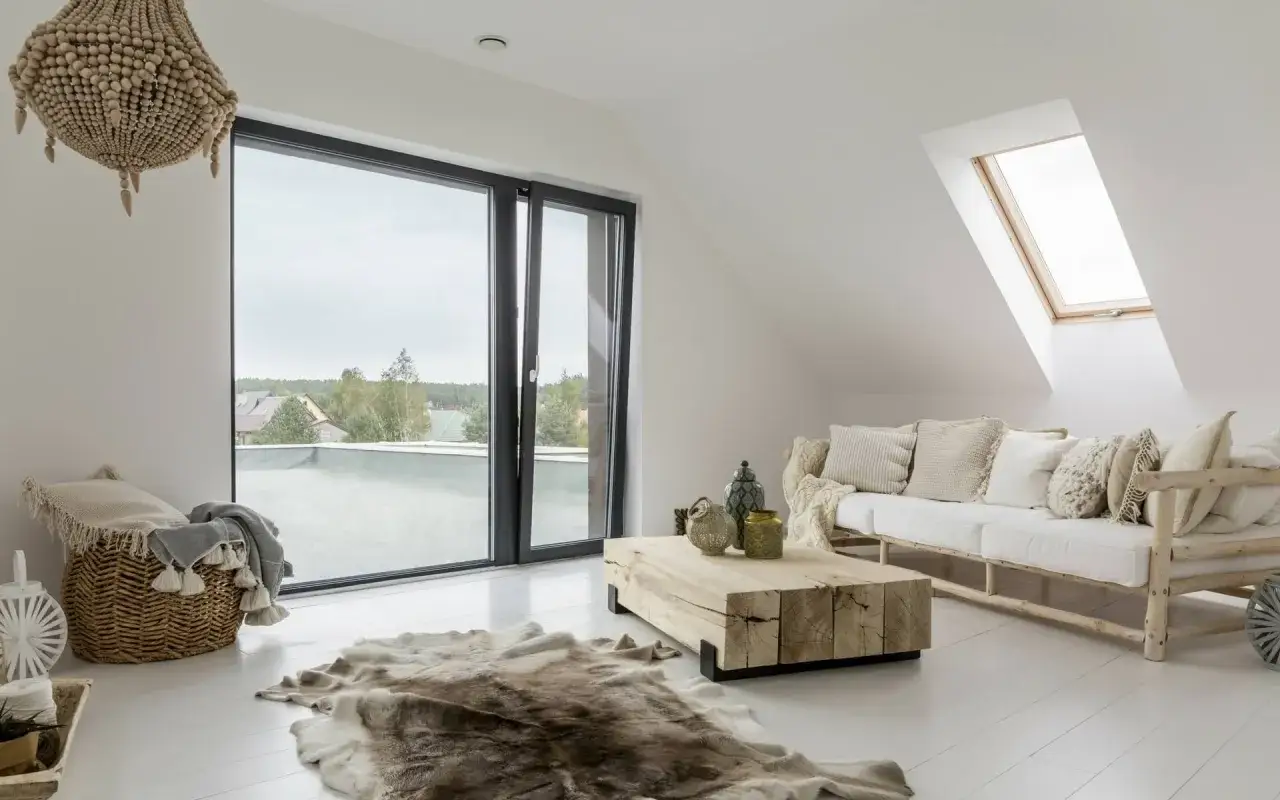 Un salotto con un divano bianco, un tavolino in legno grezzo e un tappeto di pelliccia. L'arredamento boho chic è completato da un cesto di vimini e una lampada in legno.