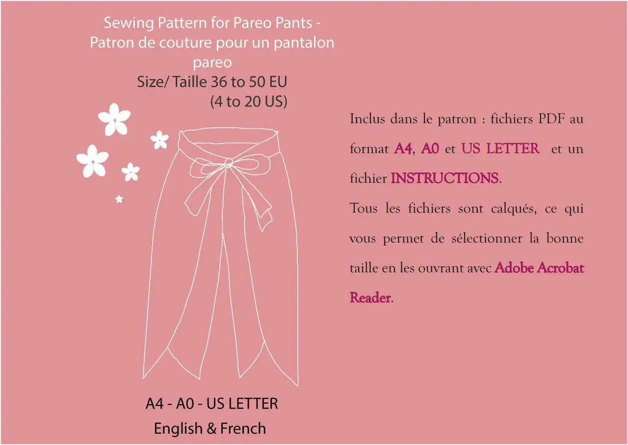 Cartamodello per pantaloni pareo, taglie 36-50 EU. Include file PDF in formato A4, A0 e US LETTER con istruzioni.