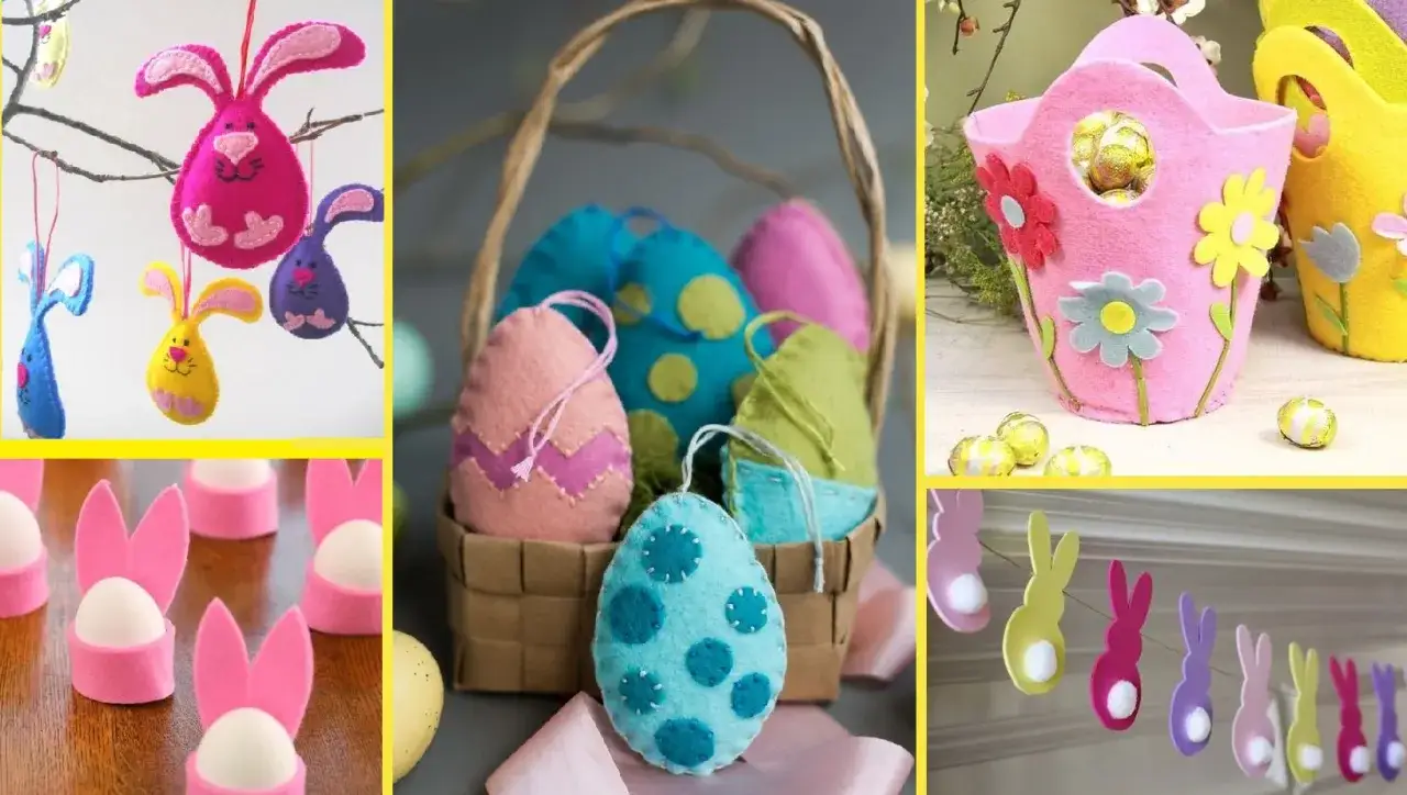 Lavoretti di Pasqua con pannolenci: coniglietti colorati, uova decorate e cestini, perfetti per creare un'atmosfera festosa.