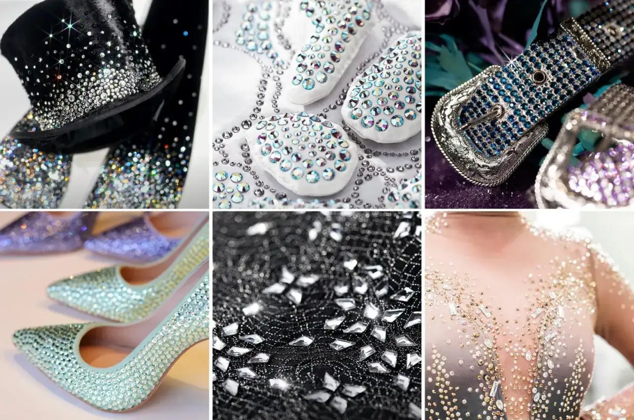 Cappello, scarpe e cintura tempestati di strass. Scopri come applicare strass non termoadesivi per un look scintillante.