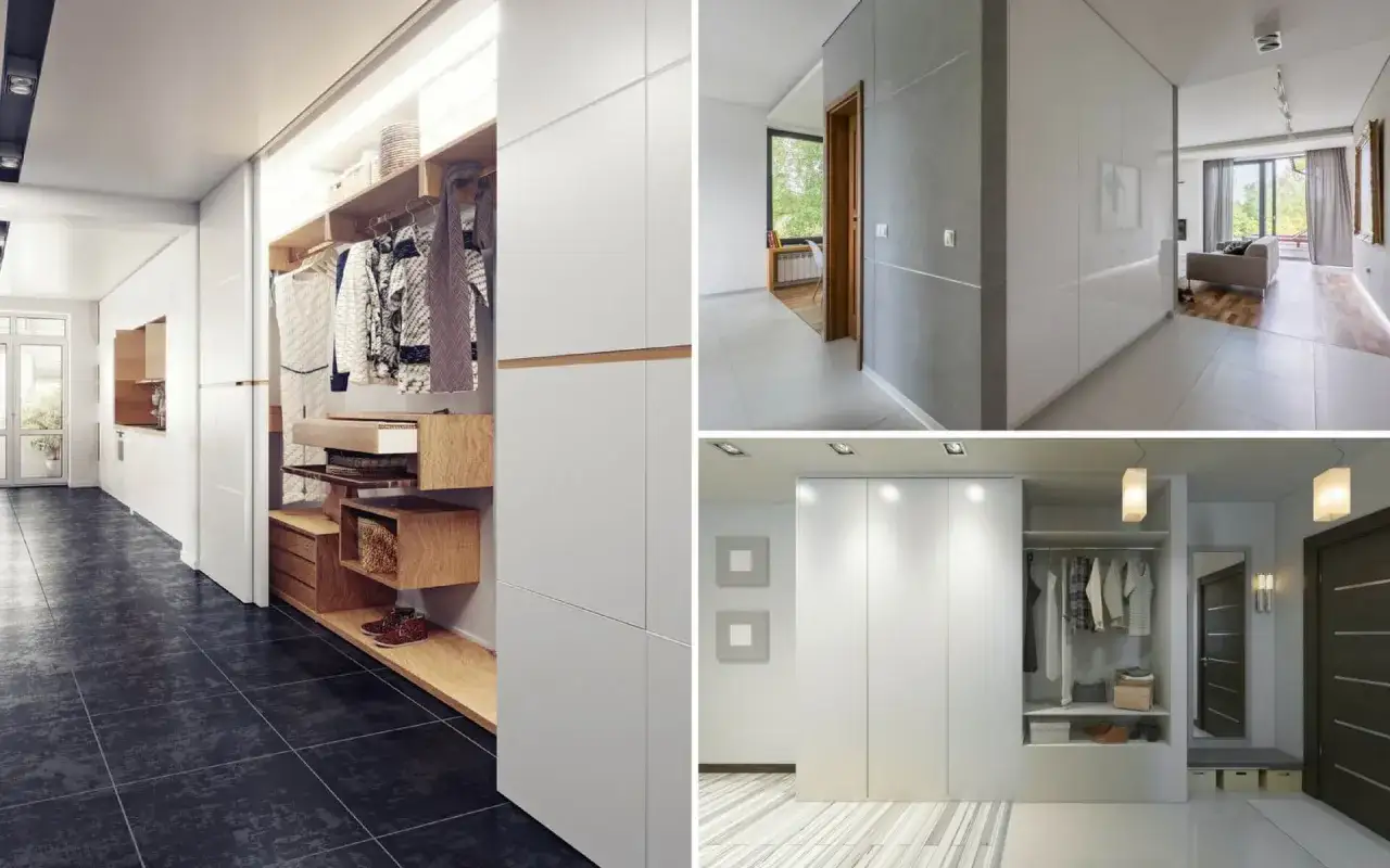 Una moderna stanza cabina armadio con finestra, illuminata e ordinata, mostra abiti appesi e ripiani in legno.