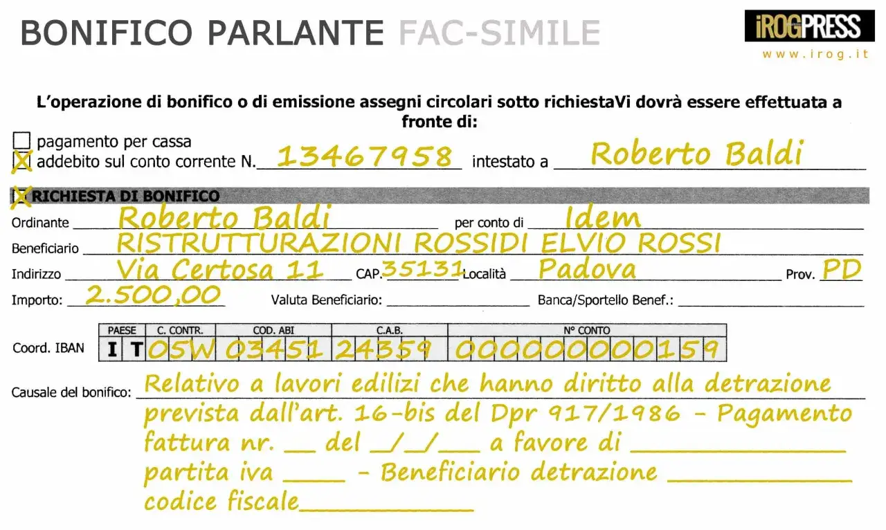 Bonifico parlante per lavori edilizi, con causale che indica detrazione e pagamento fattura. Dettagli su ordinante, beneficiario e importo.