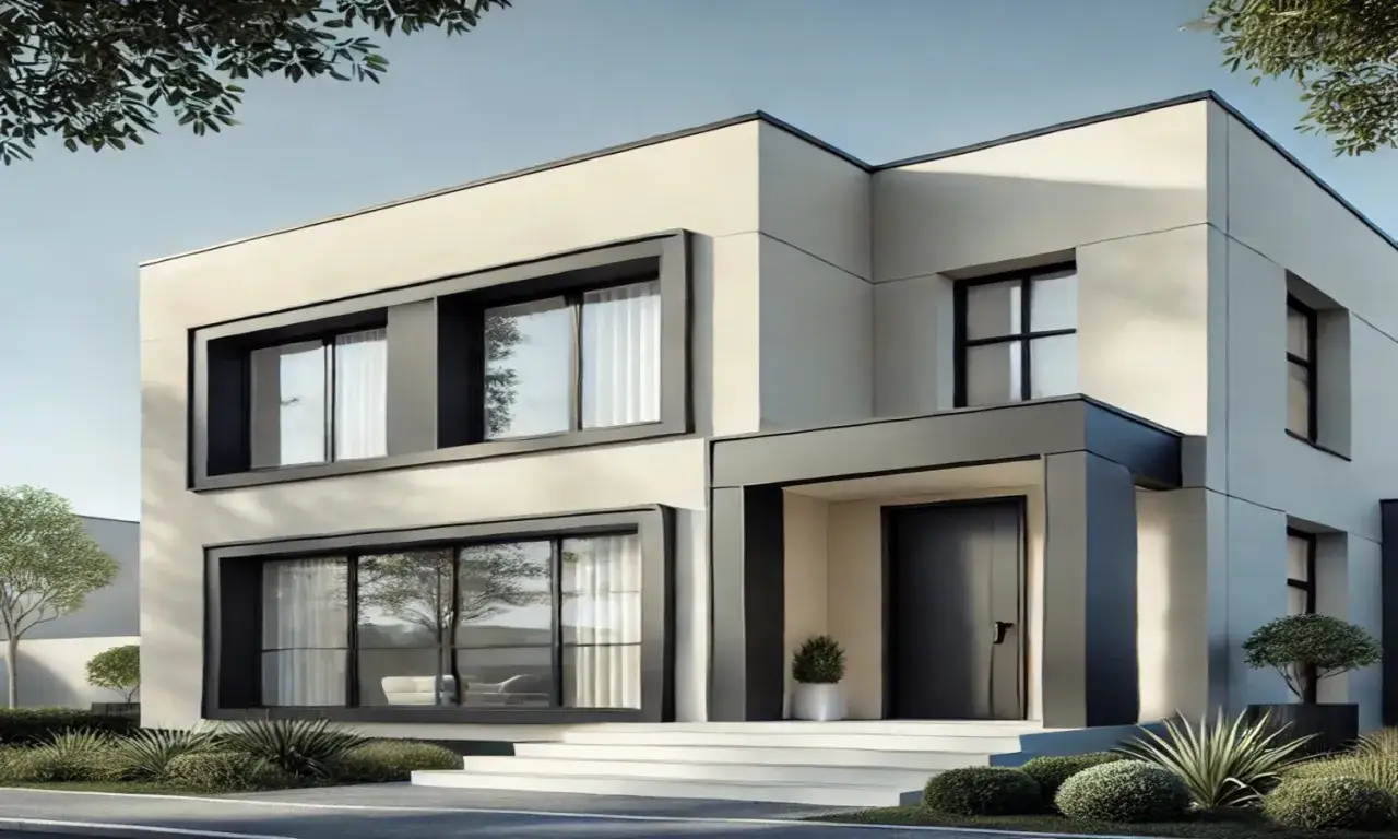 Casa moderna con un elegante colore esterno casa sabbia, grandi finestre e un ingresso accogliente.
