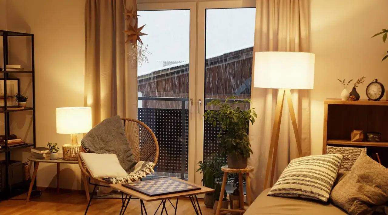Accogliente soggiorno con arredamento stile scandinavo, poltrona in rattan, scacchiera e vista sulla pioggia.