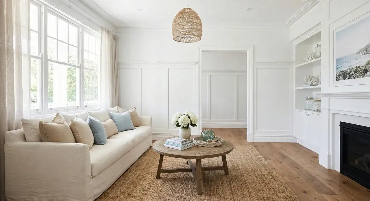 Soggiorno luminoso con divano bianco, tavolino in legno e parquet. Il battiscopa parquet bianco o legno si integra perfettamente con l'arredamento.