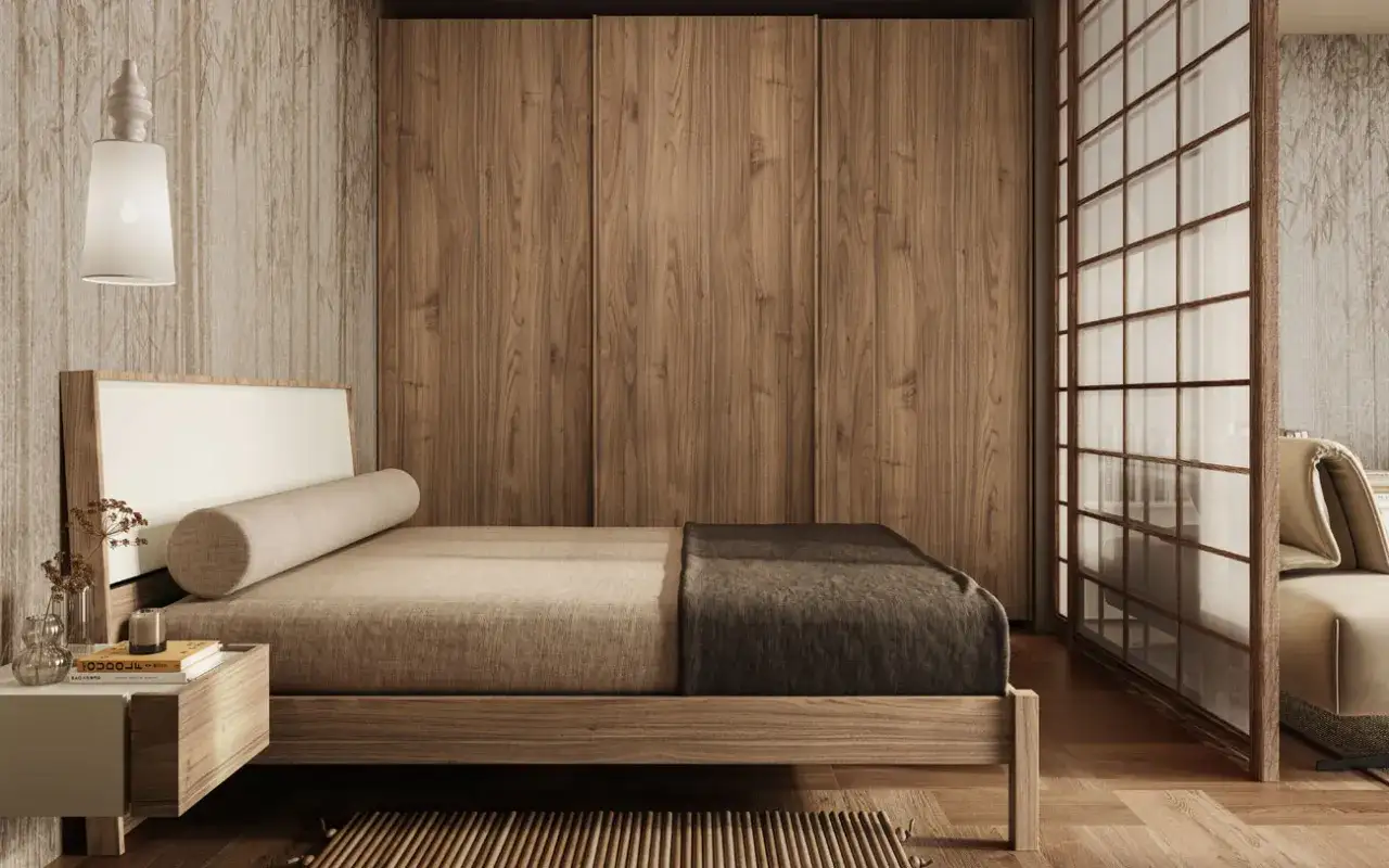 Camera da letto in stile Japandi con letto basso, armadio in legno e divisorio in carta di riso.