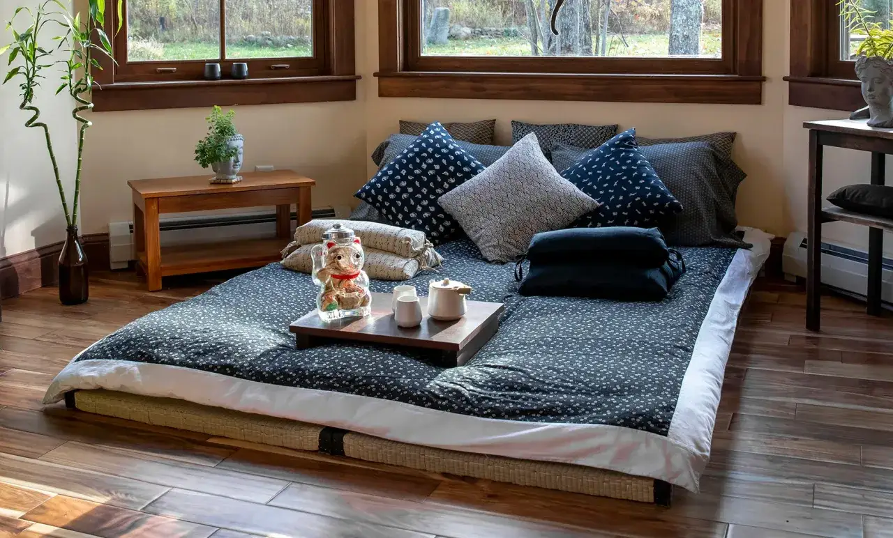 Accogliente camera stile giapponese con futon, cuscini decorati, bamb&ugrave; e un set da t&egrave;.