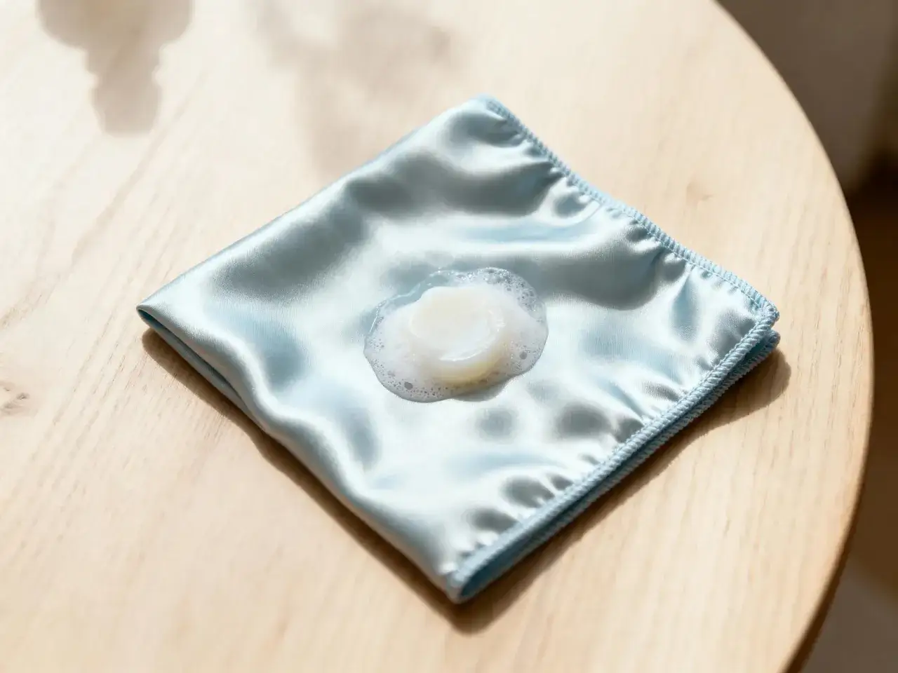 Un panno di seta azzurro con una macchia di sapone e schiuma, pronto per imparare come smacchiare la seta.