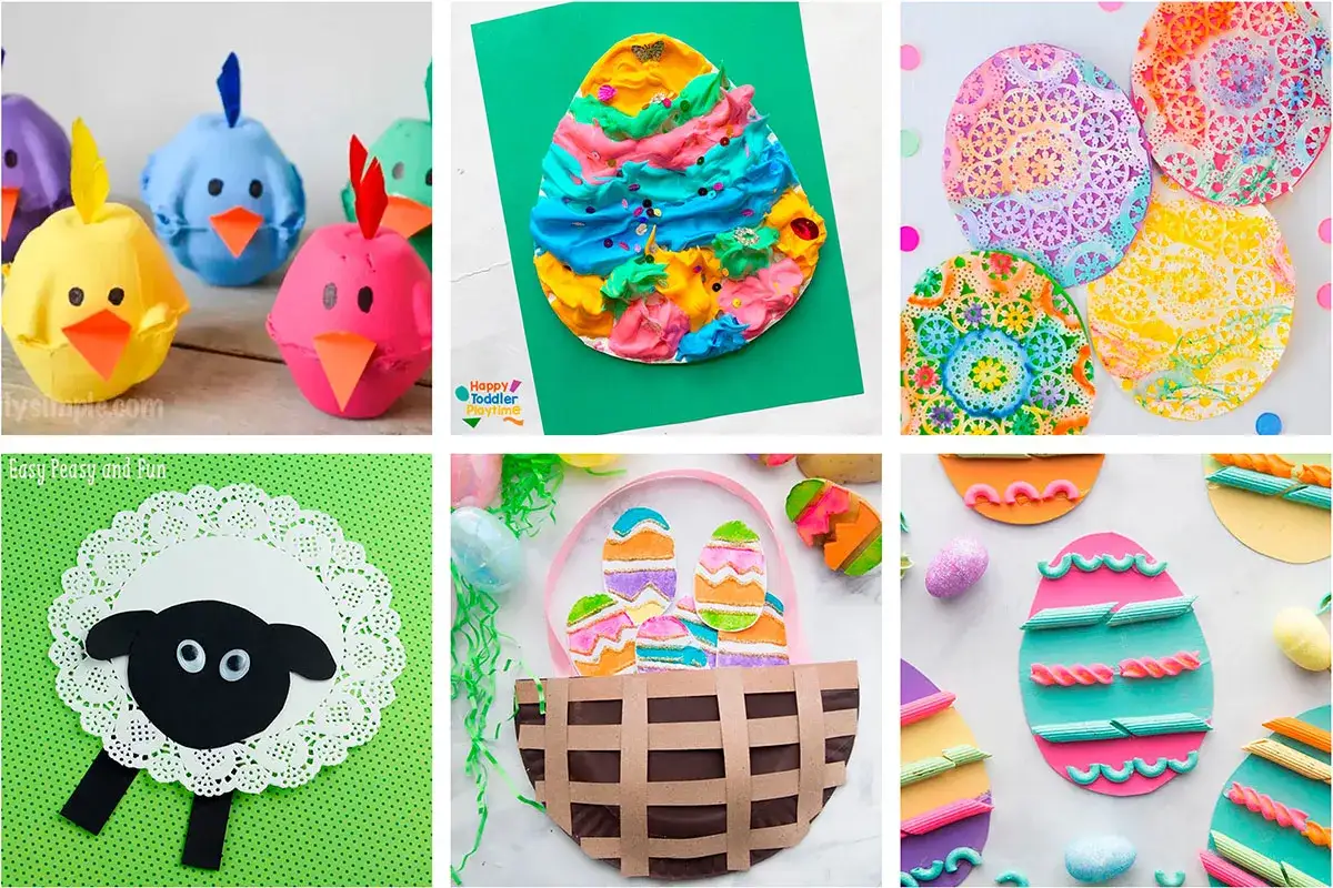Collage di lavoretti di Pasqua scuola primaria: pulcini da cartone, uovo decorato, pecorelle di carta, cestino con uova, uova con pasta.