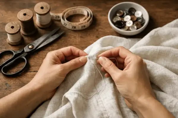 Mani che cuciono a mano con precisione, come a macchina. Filo, aghi, forbici e bottoni pronti per creare.