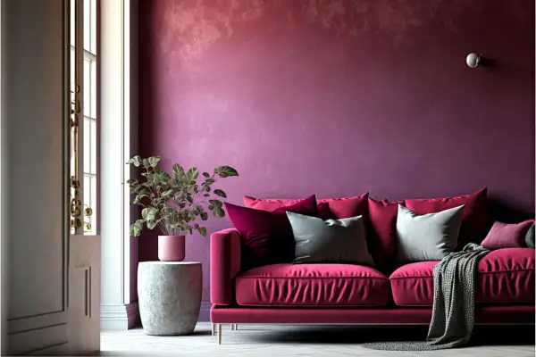 Divano fucsia con cuscini grigi e bordeaux, su sfondo magenta. Il colore magenta, caldo o freddo, crea un'atmosfera accogliente.