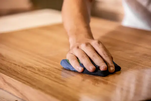Mano che lucida un mobile in legno. Scopri come togliere graffi dai mobili laccati con cura e pazienza.