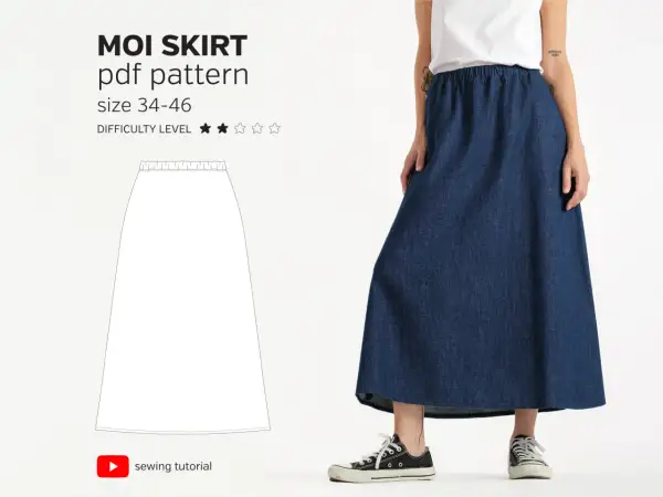 Modello PDF per imparare come fare una gonna lunga con elastico in vita. Taglie 34-46. Tutorial di cucito.