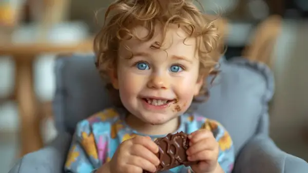 Bambino con riccioli biondi e occhi azzurri, con una macchia di cioccolato su cotone bianco, tiene in mano una barretta di cioccolato.