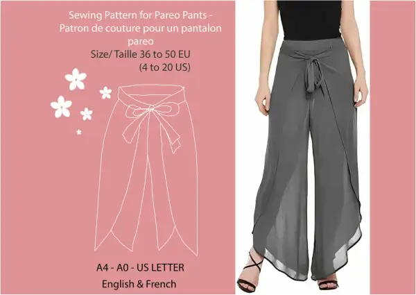 Cartamodello per pantaloni pareo eleganti, con dettagli di fiorellini e taglie disponibili in inglese e francese.