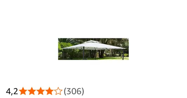 Gazebo bianco con tetto a doppio falda, ideale per coprire un gazebo in giardino. Struttura in metallo scuro e telo impermeabile.