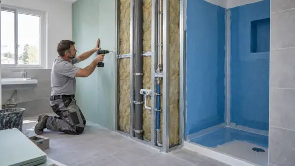 Operaio fissa pannelli di cartongesso su struttura metallica, creando una nuova parete in un bagno in fase di ristrutturazione.