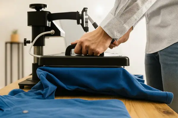 Applicazione di toppe con ferro da stiro su una maglietta blu.
