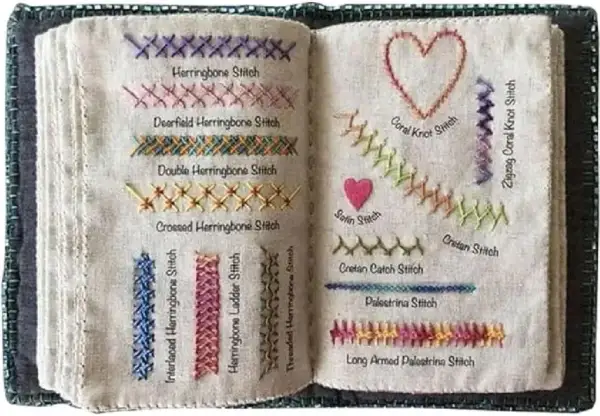 Libro di campioni di ricamo con varie tecniche, tra cui punto pieno, punto spina di pesce e punto corallo.
