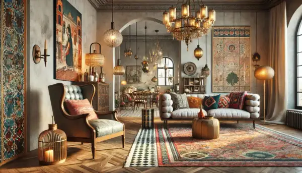 Un salotto in stile eclettico con tappeti orientali, mobili antichi e decorazioni artistiche.