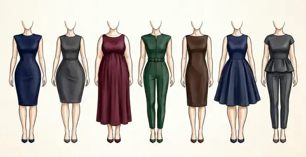 Illustrazione di diverse silhouette femminili in abiti eleganti. Guida visiva per capire come misurare le spalle donna per un abito perfetto.