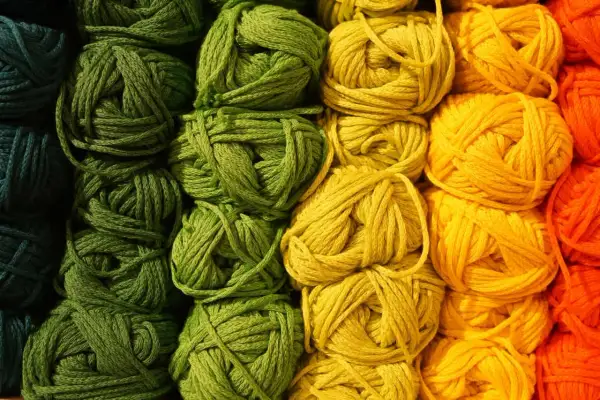 Gomitoli di lana colorata, con un'abbondanza di macchie gialle che si fondono con il verde e l'arancione, pronti per un progetto creativo.