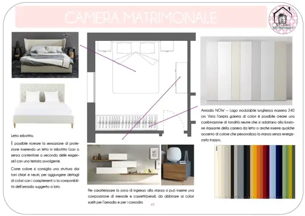 Progetto camera matrimoniale con letto imbottito e armadio modulabile. La scelta dei colori neutri e rilassanti, in linea con il feng shui casa, crea un ambiente armonioso.