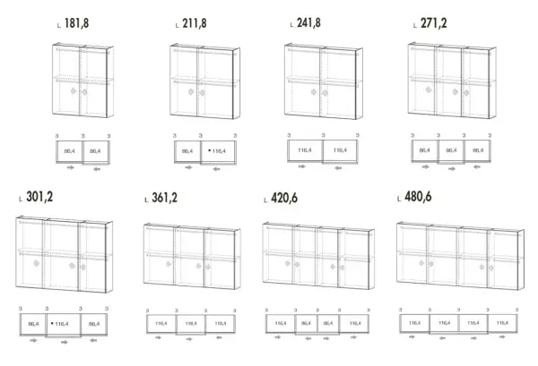 Schemi di armadi con diverse lunghezze e configurazioni. La profondità minima armadio è indicata per ogni modulo.