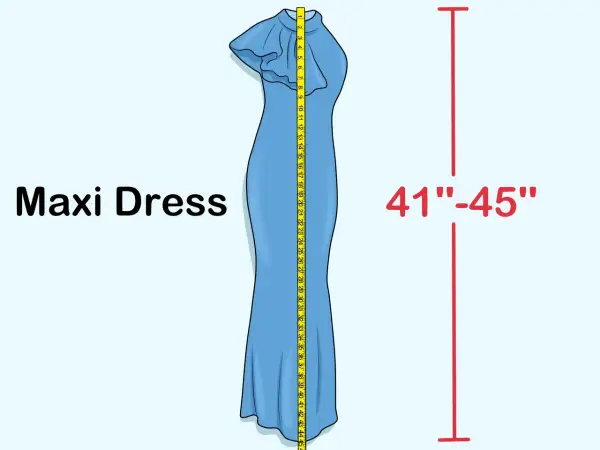 Un metro a nastro mostra come misurare un vestito lungo, indicando una lunghezza di 41-45 pollici.
