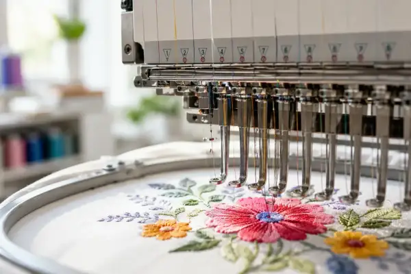 Macchine per ricamo a mano creano un bellissimo disegno floreale su tessuto bianco.