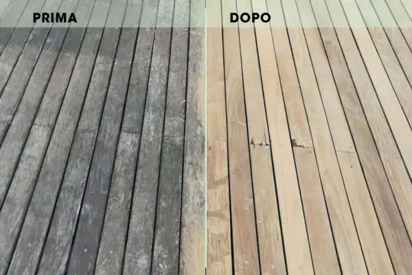 Prima e dopo: il legno grigio e opaco, con macchie grigie dopo lavaggio in lavatrice, è stato riportato al suo colore naturale.