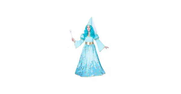 Bambina con vestito fata turchina fai da te, cappello a punta e bacchetta magica.