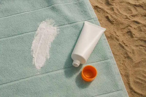 Crema solare fuori dal tubetto su un telo da spiaggia, che potrebbe causare macchie gialle sui vestiti conservati.