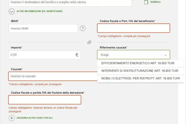 Compilazione bonifico parlante per detrazioni fiscali: IBAN, importo, causale e riferimento causale (es. ristrutturazione).