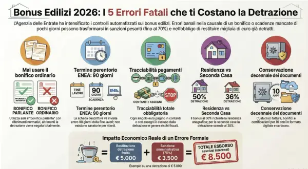 Errori comuni sui bonus edilizi: non usare bonifico ordinario, rispettare i termini ENEA e la tracciabilità dei pagamenti per il bonifico ristrutturazione edilizia.