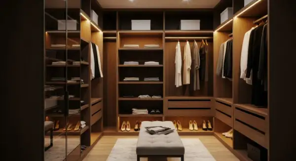 Elegante stanza cabina armadio con finestra, illuminata da luci soffuse. Scaffali in legno scuro ospitano abiti e scarpe, con un pouf centrale.