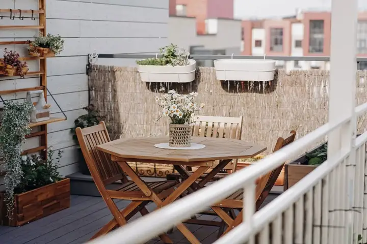 Un tavolo e sedie in legno per arredare balcone piccolo. Piante in vaso e decorazioni creano un angolo accogliente.