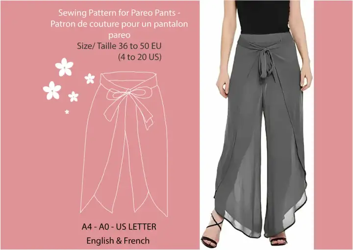 Cartamodello per pantaloni pareo eleganti, con dettagli di fiorellini e taglie disponibili in inglese e francese.