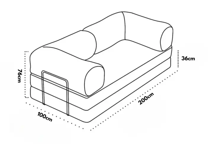 Disegno tecnico di un divano letto con dimensioni: altezza 76cm, larghezza 100cm, lunghezza 200cm e altezza seduta 36cm.
